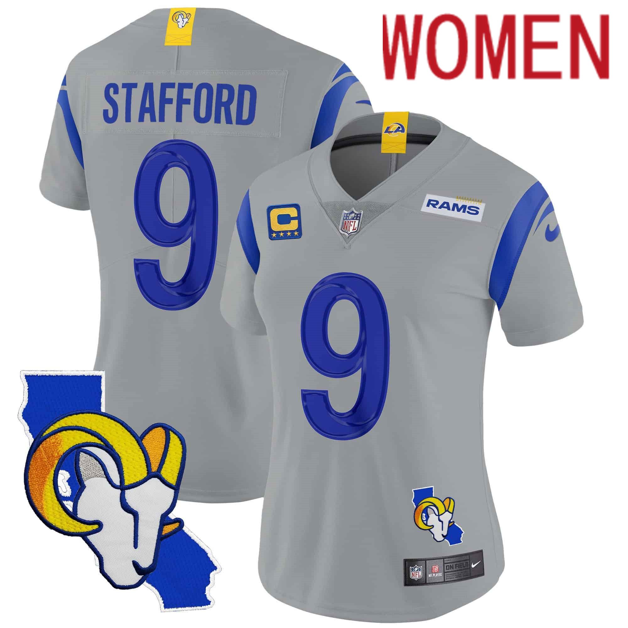 Women Los Angeles Rams #9 Stafford Grey 2024 Nike California Patch Vapor Limited NFL Jersey->women nfl jersey->Women Jersey
